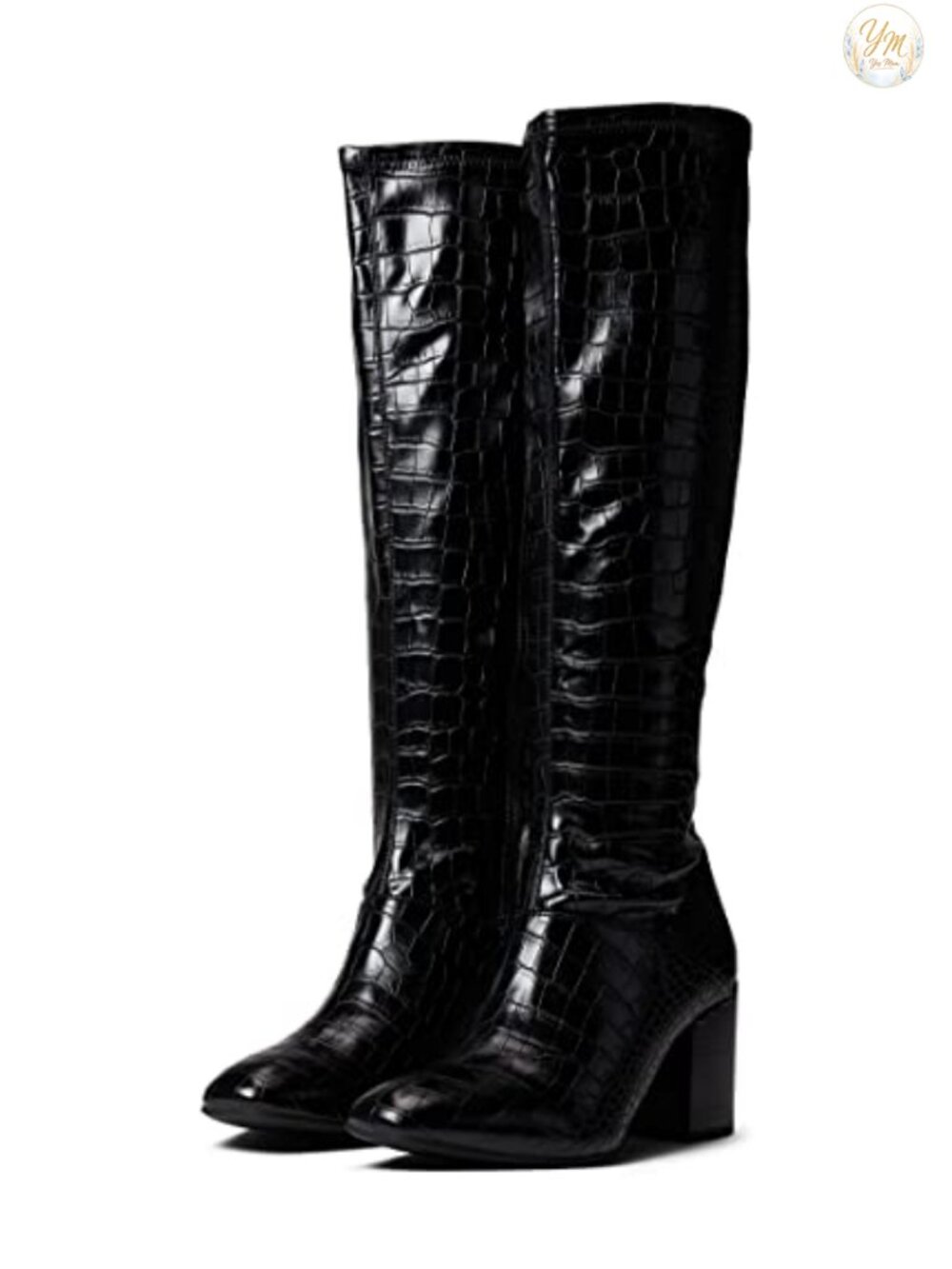 Women's Knee High Square Toe Block Heel Boots Zip Closure Faux Leather 2.76"